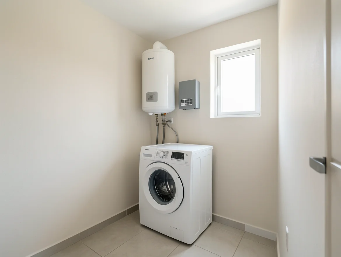 Buanderie avec lave-linge, cumulus électrique et onduleur solaire