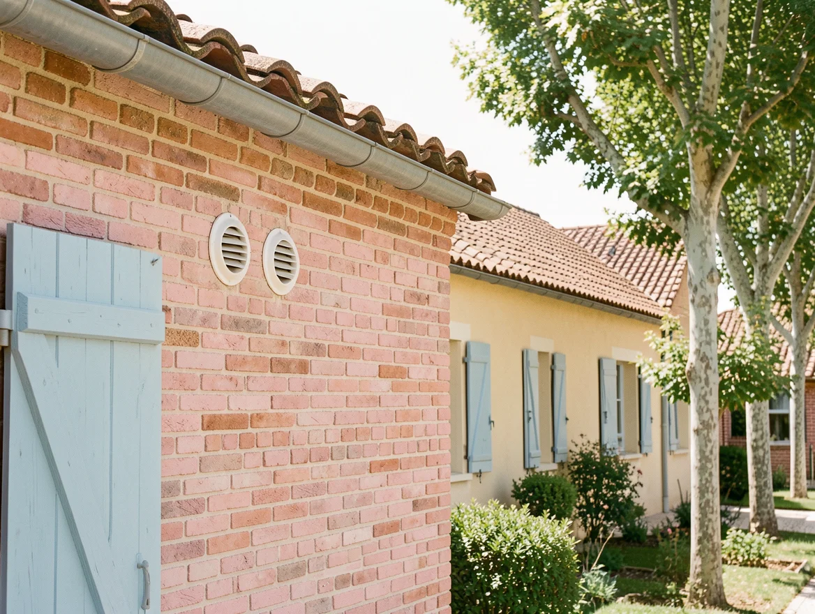 Deux grilles d'aspiration et de rejet d'air percées dans un mur en brique