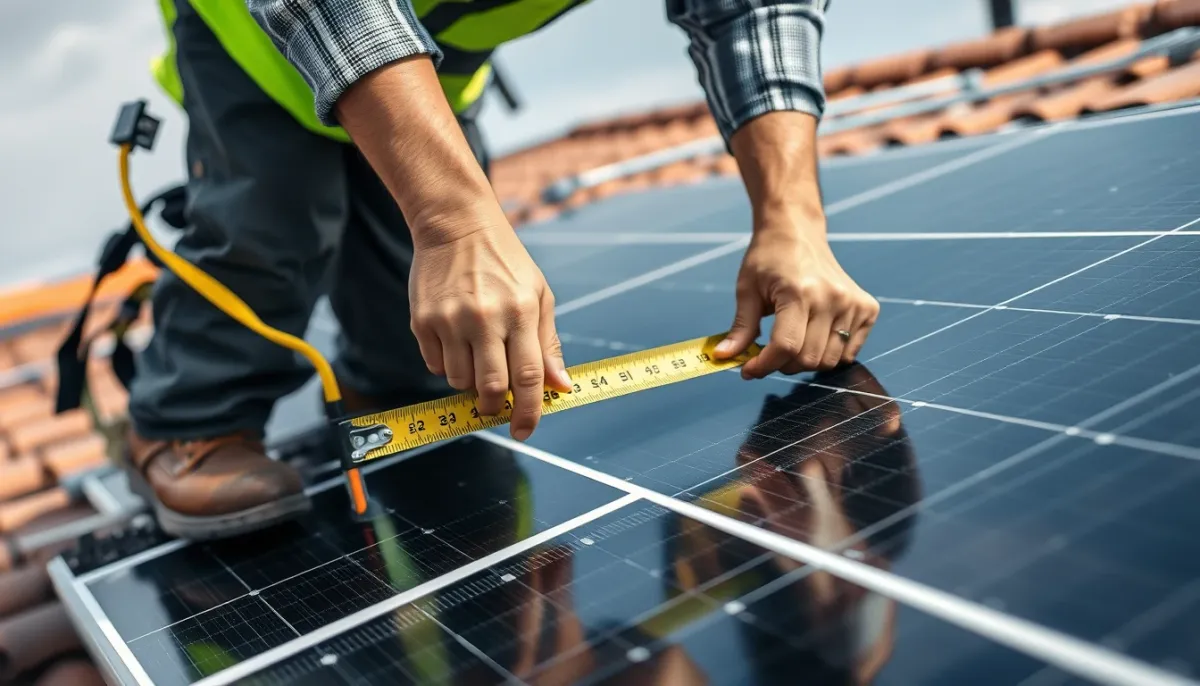 Technicien mesurant la surface d'un toit avant la pose de panneaux solaires