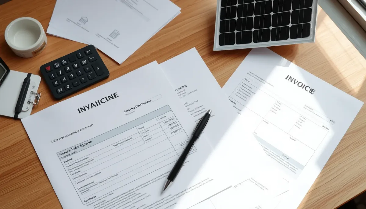 Devis détaillé d'une installation photovoltaïque avec calculatrice et échantillon de panneau
