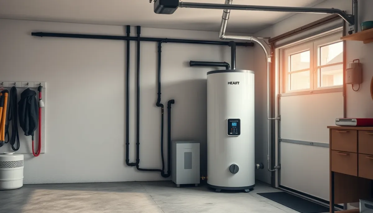 Chauffe-eau thermodynamique dans un garage, vue de trois quarts
