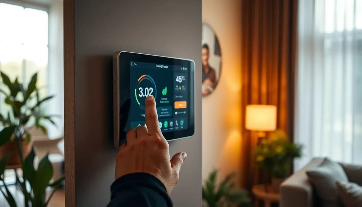 Personne consultant une application de suivi de production solaire sur une tablette murale