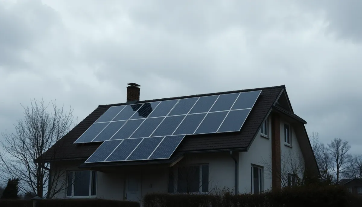 Maison équipée de panneaux solaires sous un ciel couvert, illustrant les limites de l'autoconsommation