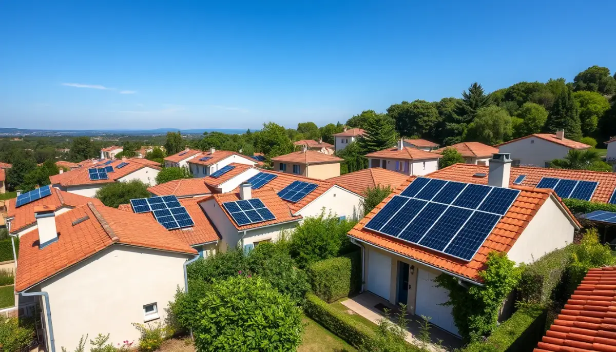 Quartier résidentiel de Haute-Garonne avec plusieurs toitures équipées de panneaux solaires