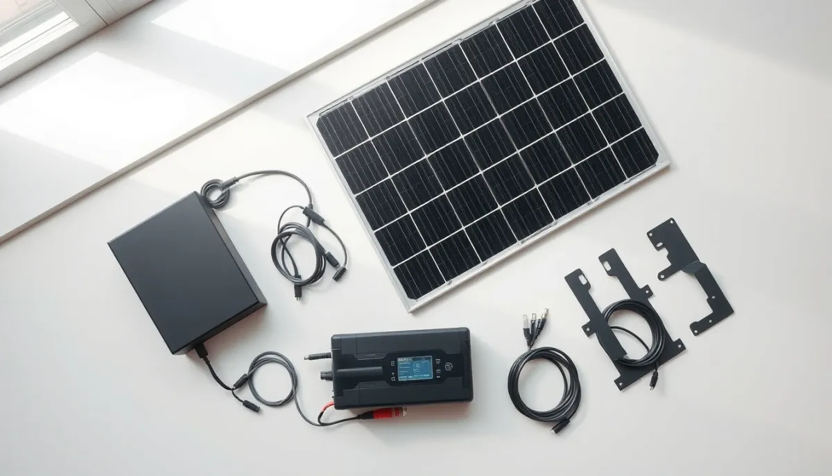 Composants d'un kit solaire plug and play : panneau, micro-onduleur et câbles