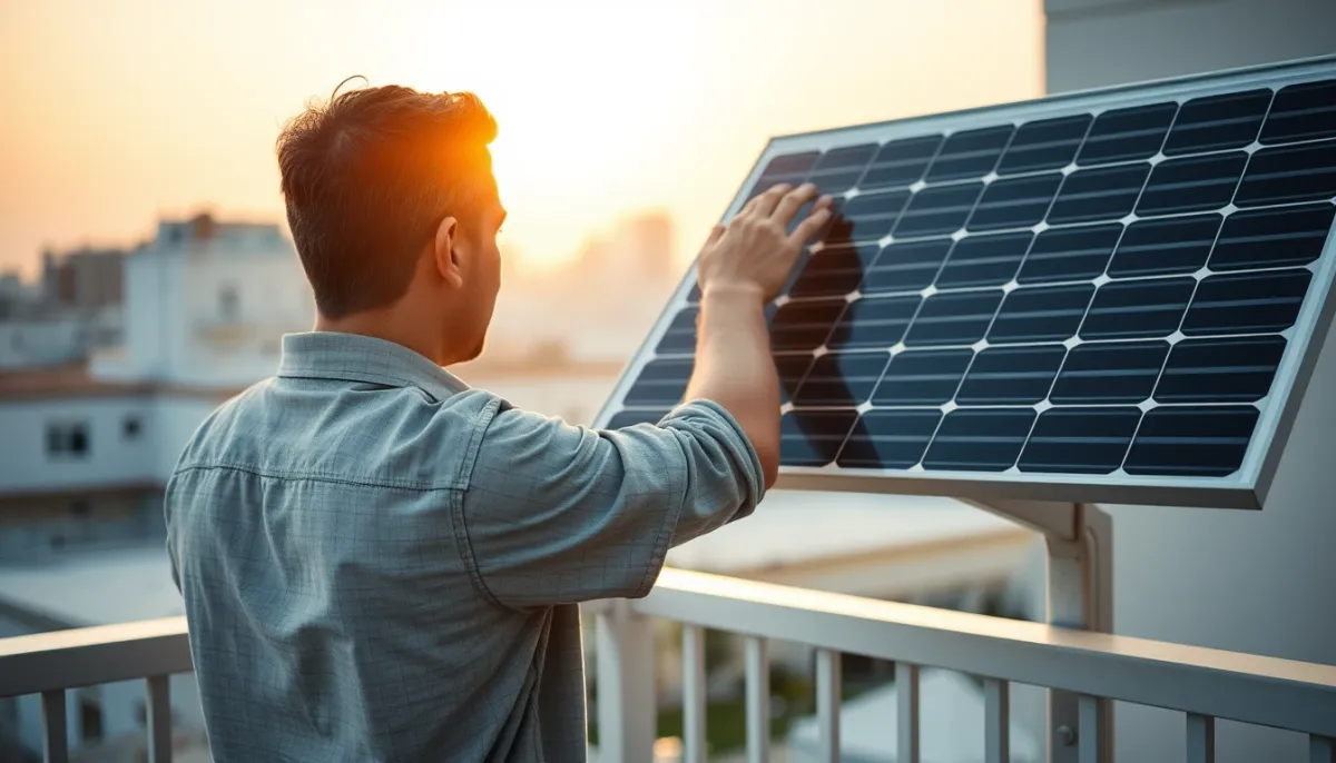 Propriétaire ajustant un panneau solaire sur son balcon pour une autoconsommation optimale