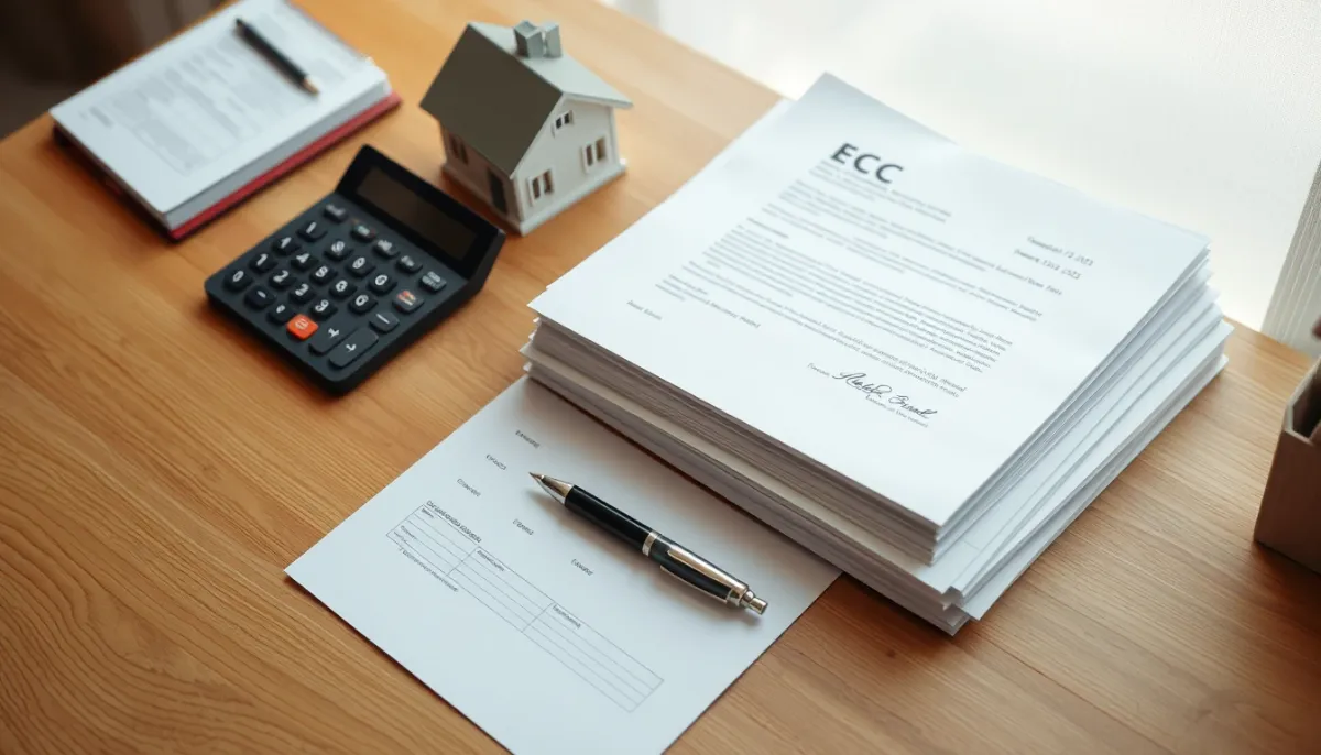 Documents administratifs, calculatrice et maquette de maison illustrant les aides financières pour une PAC air/air