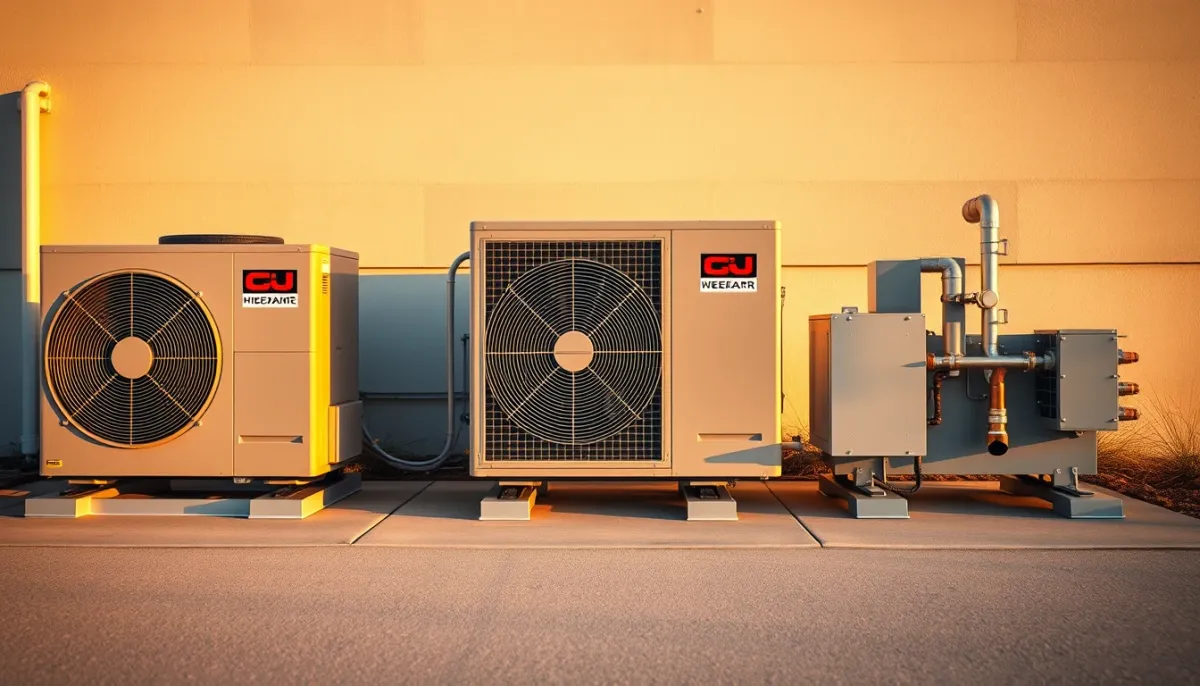 Trois systèmes de chauffage comparés côte à côte : PAC air/air, PAC air/eau et PAC géothermique