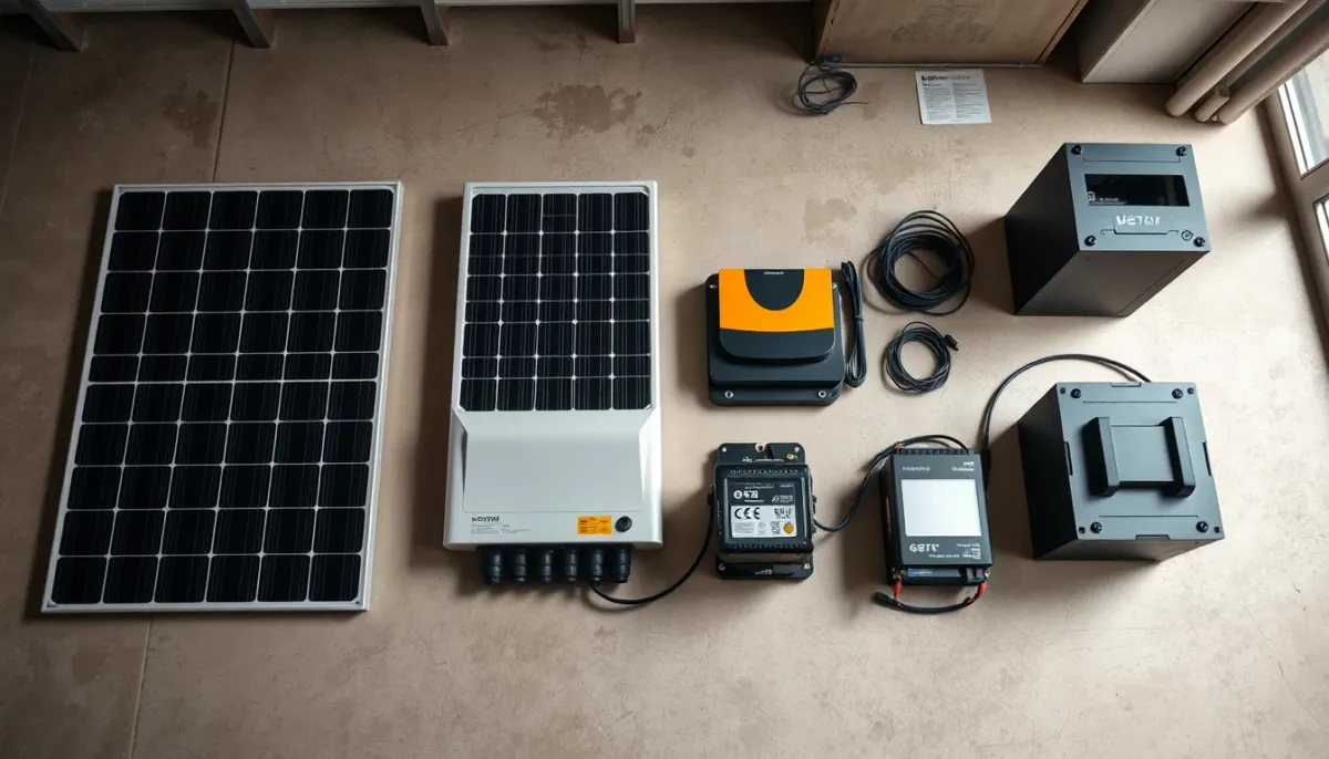 Composants d'un kit solaire 6000 W avec batterie lithium, onduleur hybride et panneaux photovoltaïques