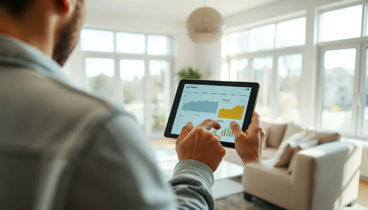 Propriétaire consultant l'application de suivi de production solaire sur une tablette dans un salon lumineux