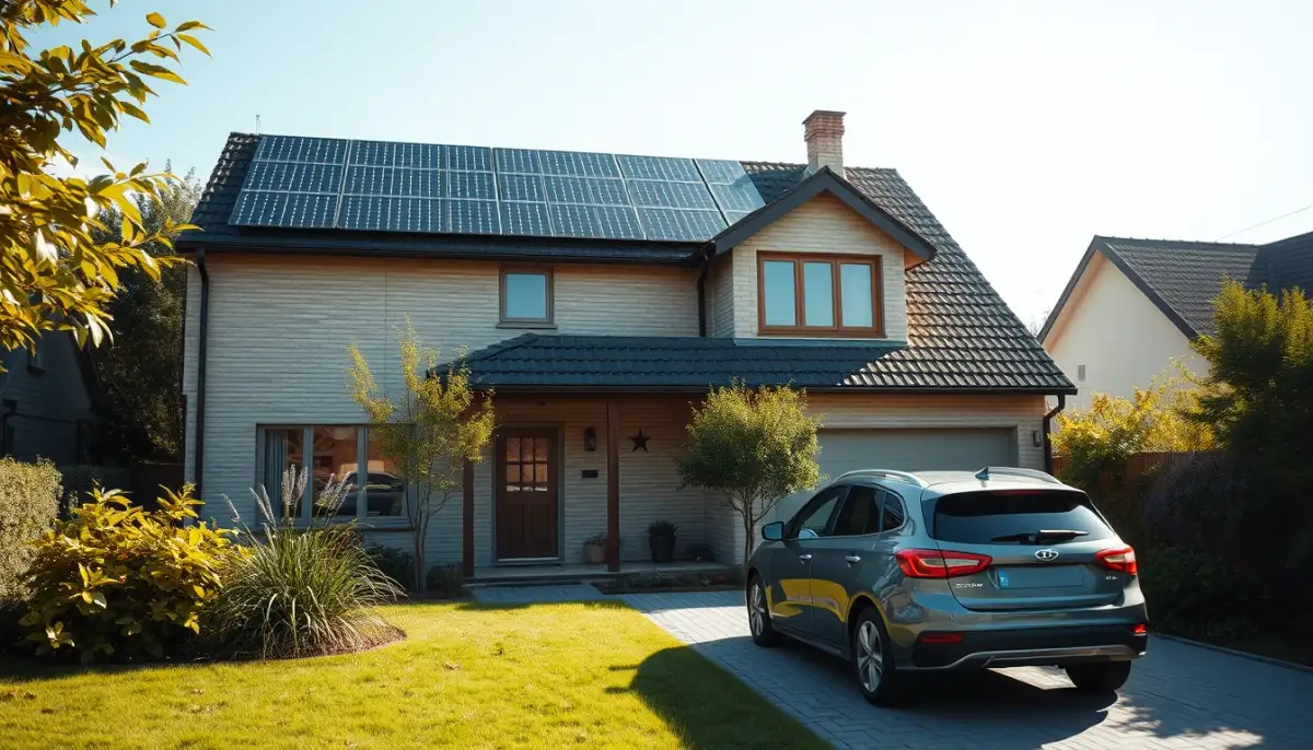 Maison de banlieue moderne équipée de panneaux solaires sur le toit, idéale pour un kit solaire 6000 W avec batterie
