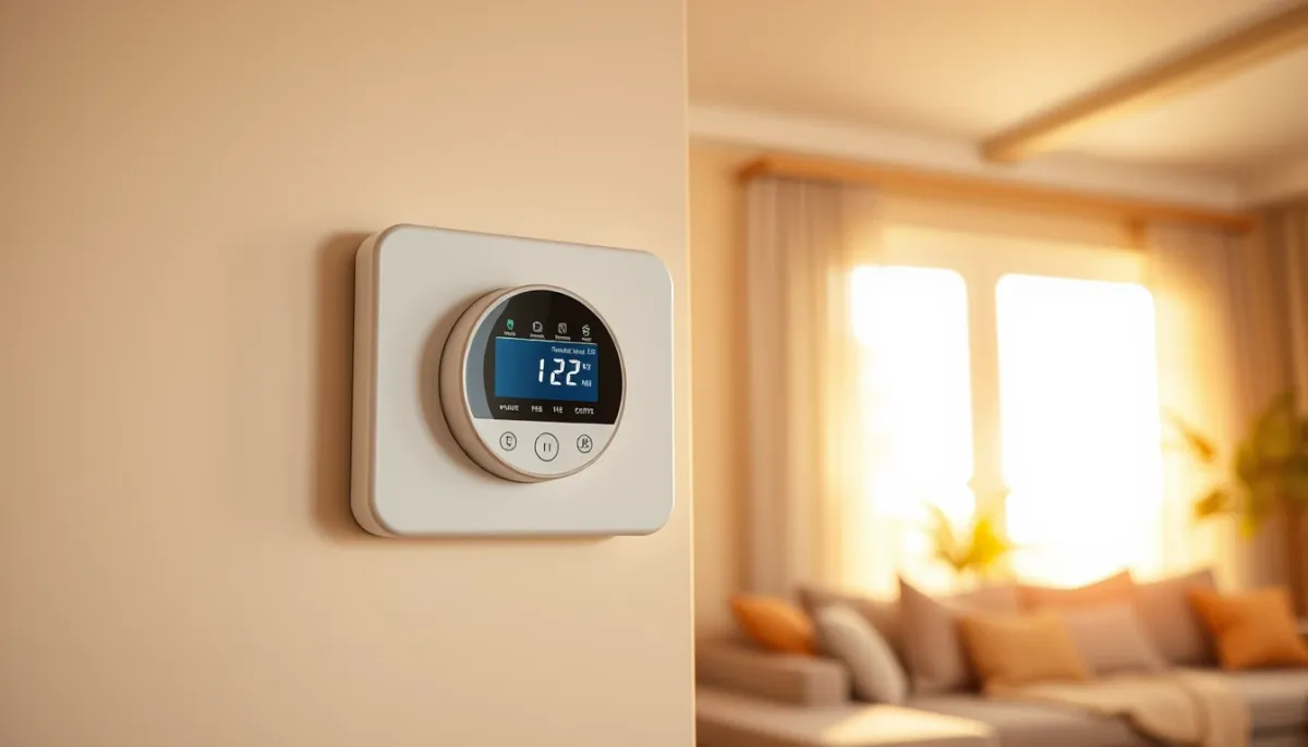 Thermostat et régulation intérieure d'une pompe à chaleur dans un salon lumineux