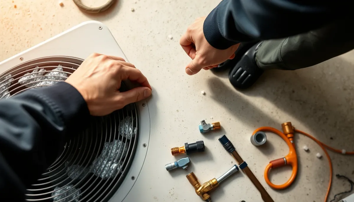 Installation de la tuyauterie cuivre d'une pompe à chaleur air/eau par un technicien