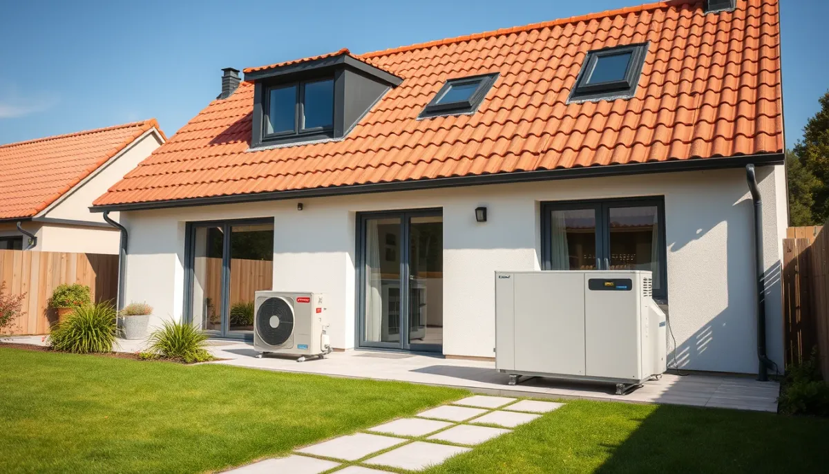 Maison individuelle équipée d'une pompe à chaleur air/eau dans son jardin