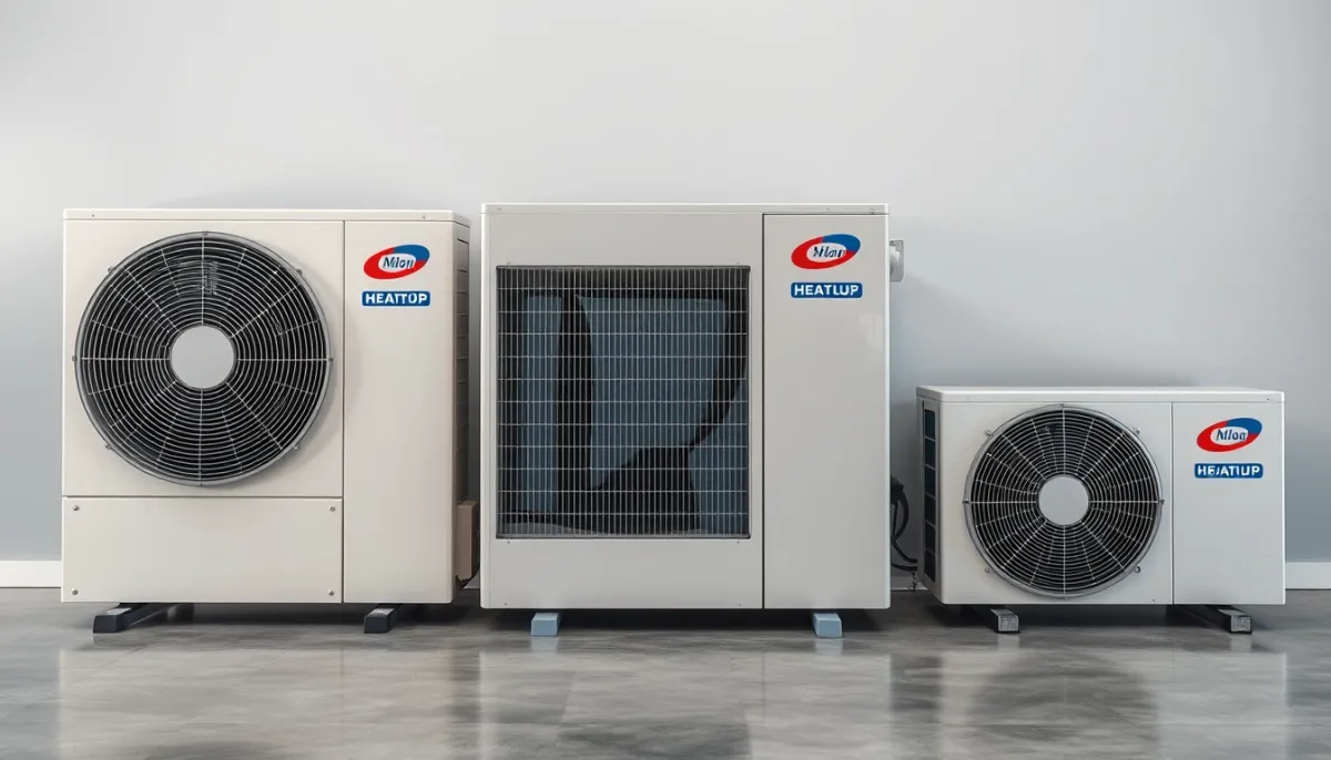 Trois pompes à chaleur air/eau de marques différentes présentées côte à côte en showroom