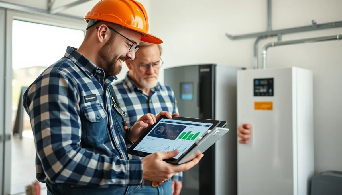 Installateur et propriétaire examinant les données de performance d'une batterie solaire