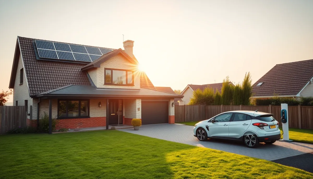 Maison avec panneaux solaires et véhicule électrique en recharge, illustrant un foyer adapté au stockage