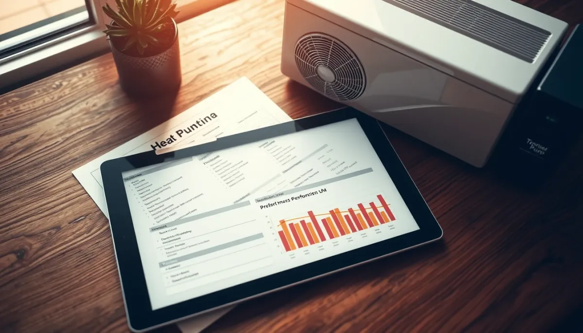 Fiche technique de la Panasonic Aquarea avec graphiques de performance sur tablette