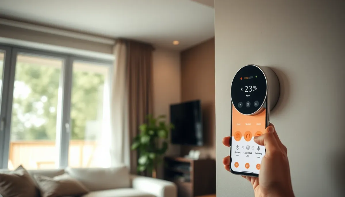 Thermostat mural et pilotage à distance d'une pompe à chaleur via smartphone dans un salon