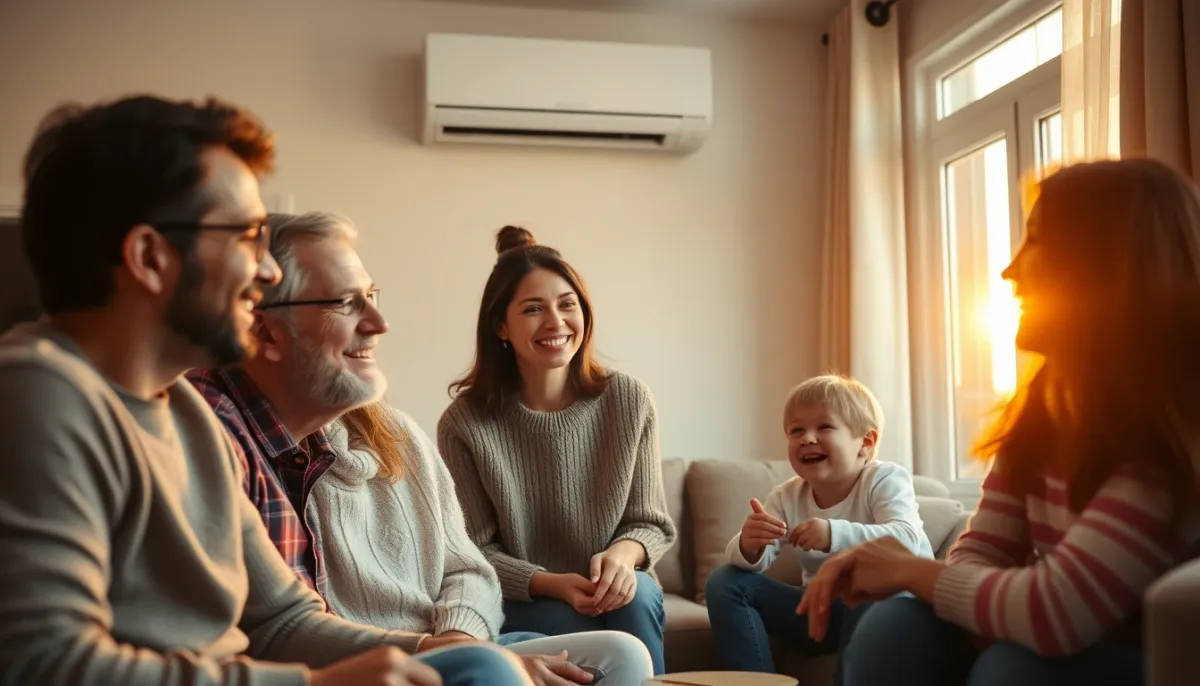 Famille dans un salon confortable avec une pompe à chaleur Panasonic Aquarea en arrière-plan