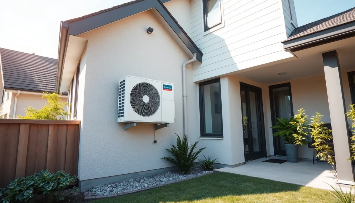 Unité extérieure d'une pompe à chaleur air/air Daikin installée sur un mur de maison