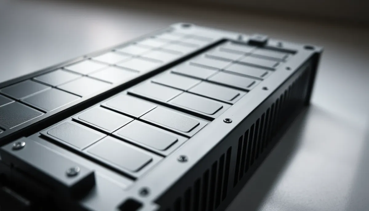 Gros plan sur une batterie solaire LFP montrant ses cellules et bornes de connexion