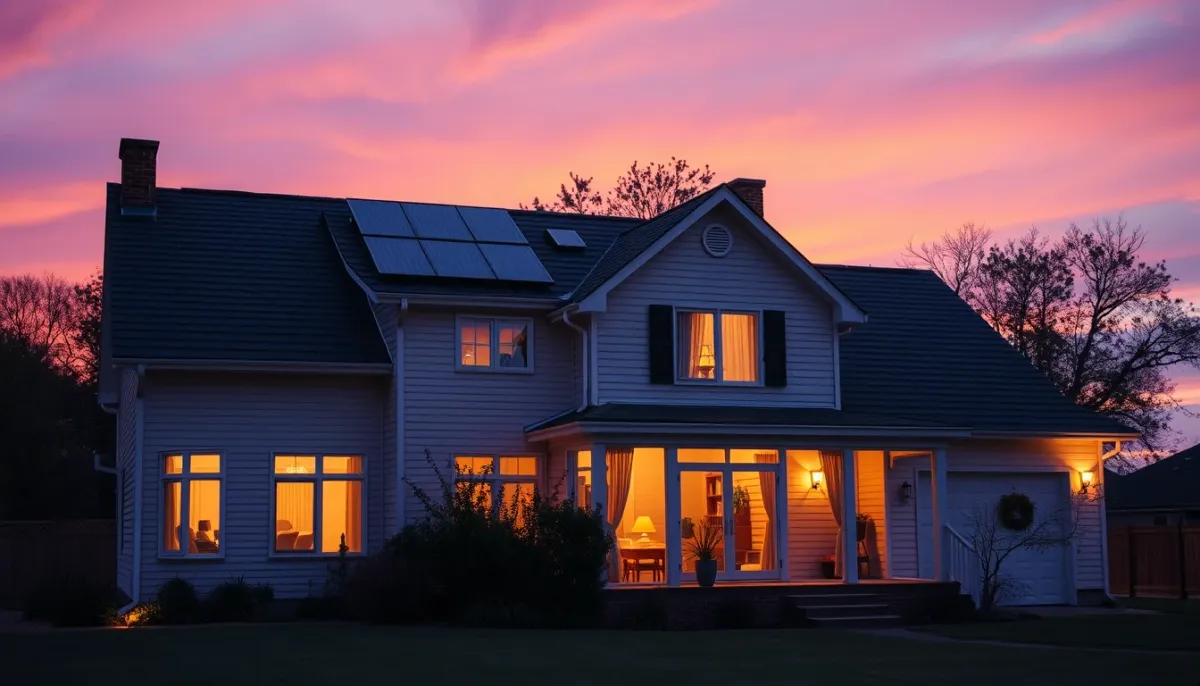 Maison familiale au crépuscule avec lumières allumées et panneaux solaires sur le toit