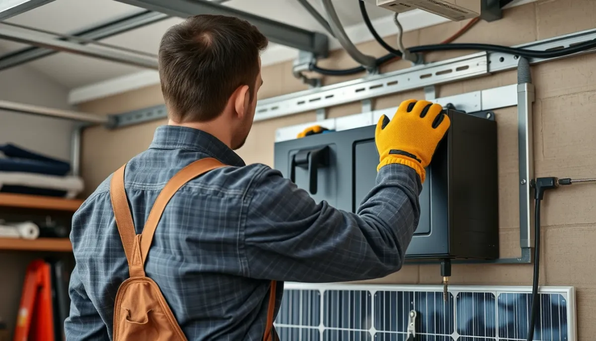 Technicien installant une batterie solaire dans un garage, vue de dos
