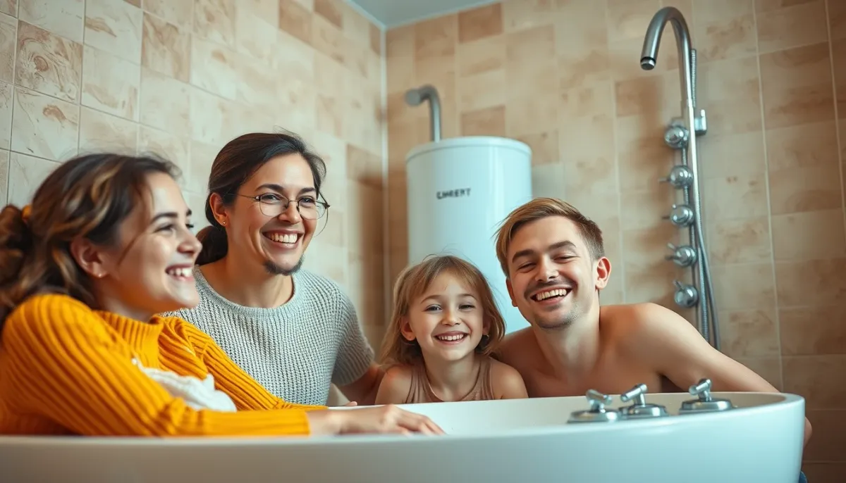 Famille profitant de l'eau chaude grâce à un chauffe-eau thermodynamique