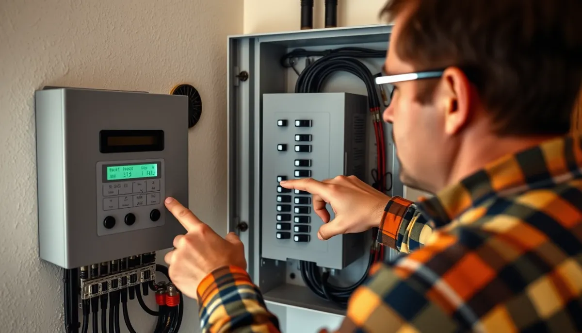 Propriétaire vérifiant le tableau électrique et l'onduleur d'une installation photovoltaïque