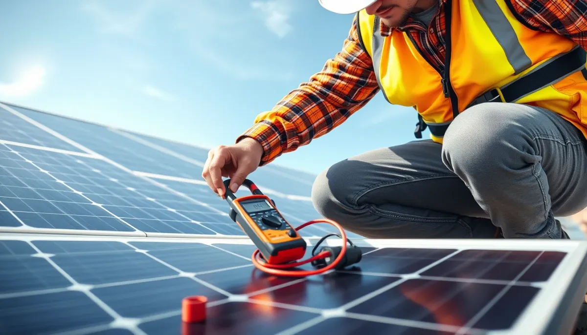 Technicien certifié effectuant une intervention sur des panneaux solaires en toiture