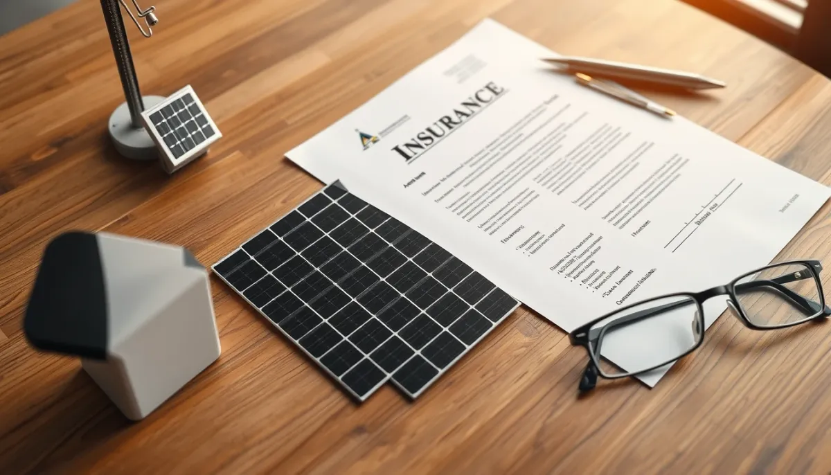 Documents de garantie et d'assurance posés sur un bureau à côté d'une maquette de panneau solaire