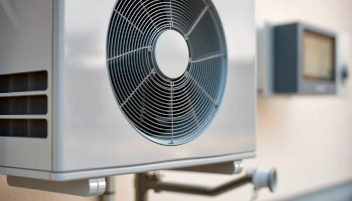 Gros plan sur l'unité extérieure d'une pompe à chaleur air/eau récente avec grille de ventilation