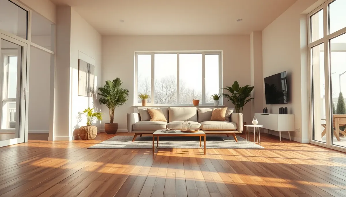 Salon lumineux avec plancher chauffant alimenté par une pompe à chaleur air/eau