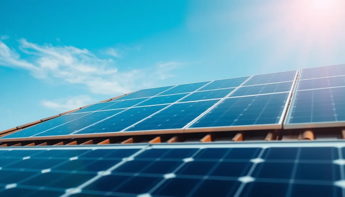 Panneaux solaires installés sur le toit d'une maison individuelle, vus en contre-plongée sous un ciel dégagé