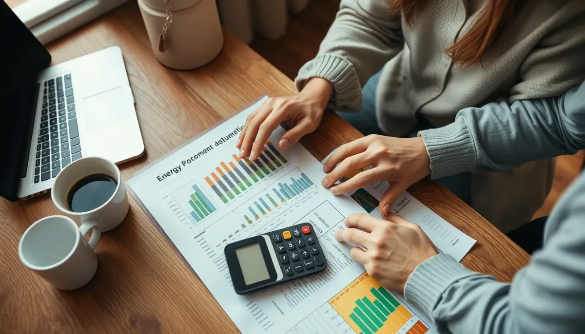 Propriétaire calculant le reste à charge de son installation photovoltaïque avec des documents et une calculatrice sur une table en bois