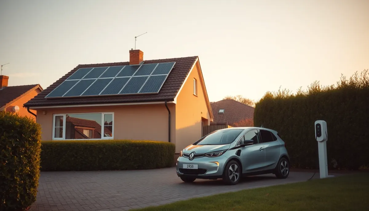 Maison de banlieue équipée de panneaux photovoltaïques avec une voiture électrique en charge dans l'allée