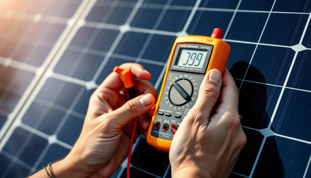 Vérification de la tension DC avec un multimètre sur des connecteurs solaires