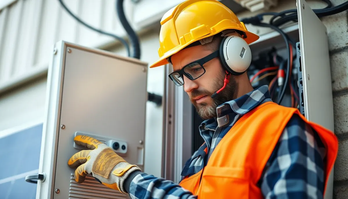 Installateur qualifié intervenant sur un onduleur photovoltaïque