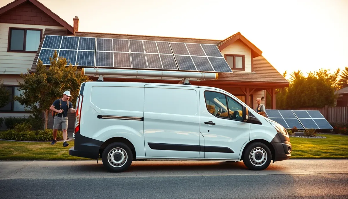 Camionnette de service d'un installateur devant une maison équipée de panneaux solaires