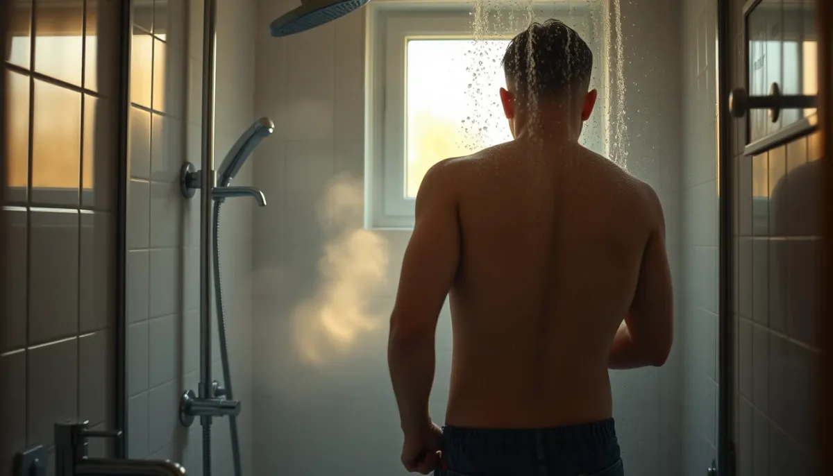 Salle de bain familiale avec douche utilisée le matin