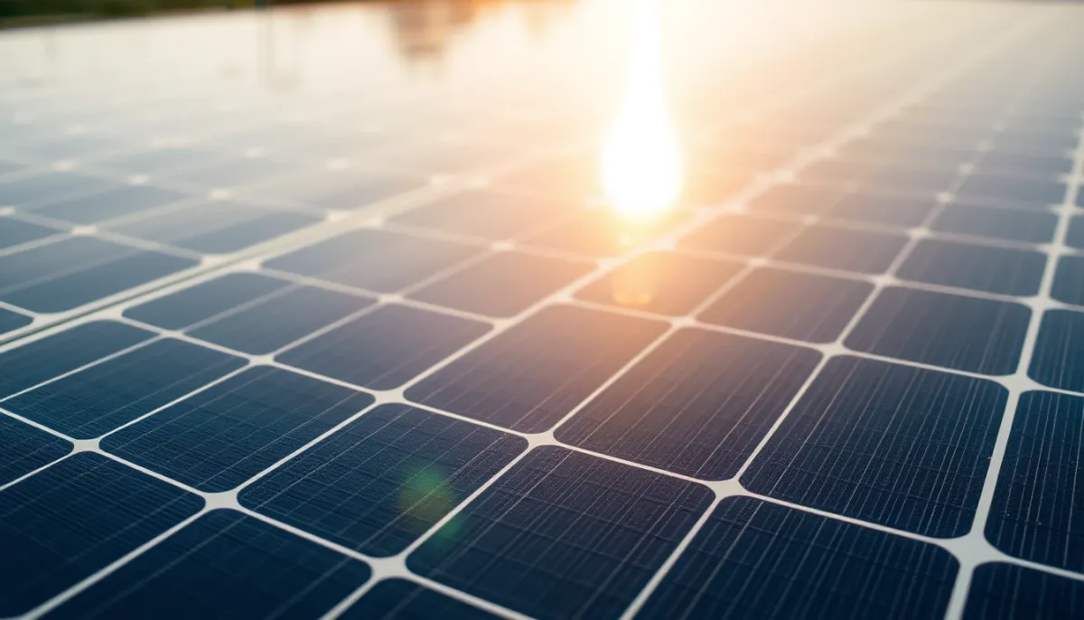 Gros plan sur la surface d'un panneau photovoltaïque montrant les cellules et le reflet du soleil