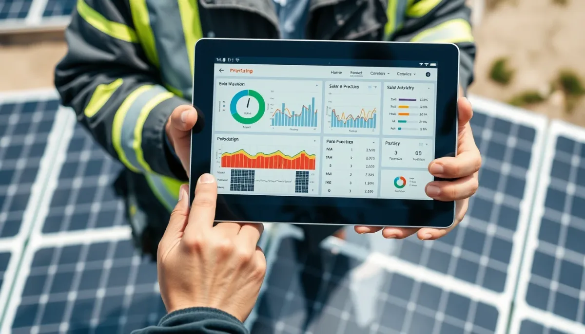 Technicien consultant la production d'une installation photovoltaïque sur une tablette