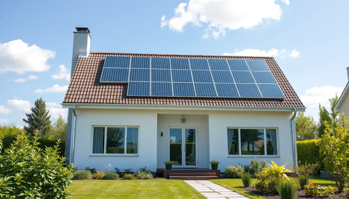 Maison moderne équipée de panneaux photovoltaïques sur le toit, vue de face