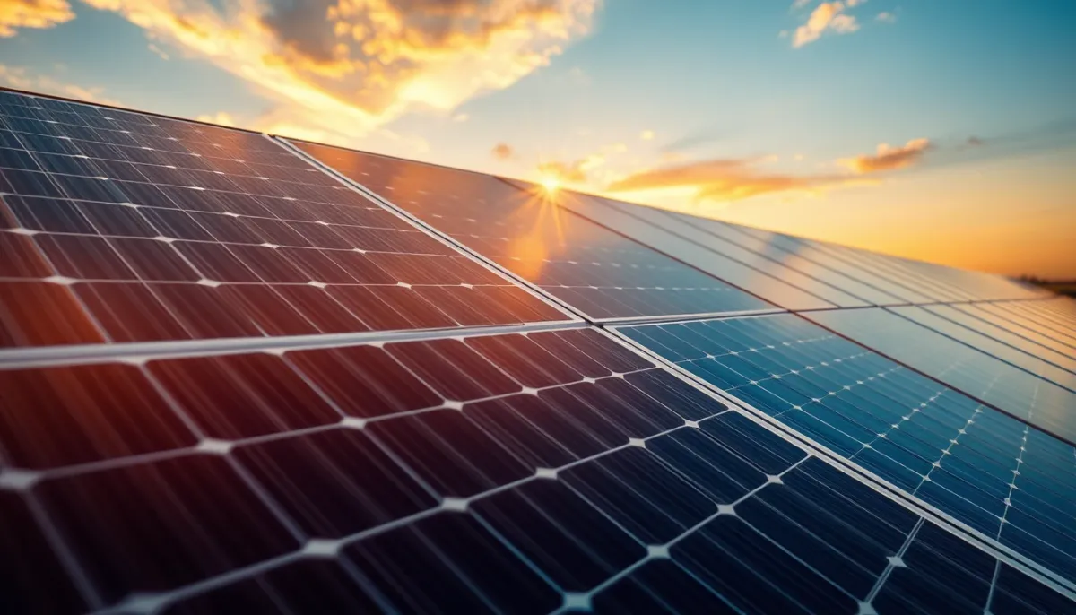 Installation photovoltaïque au coucher du soleil, vue latérale