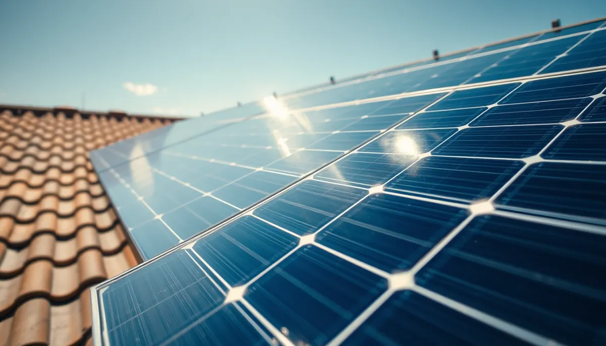 Gros plan sur des panneaux photovoltaïques installés sur un toit en tuiles, vue en contre-plongée