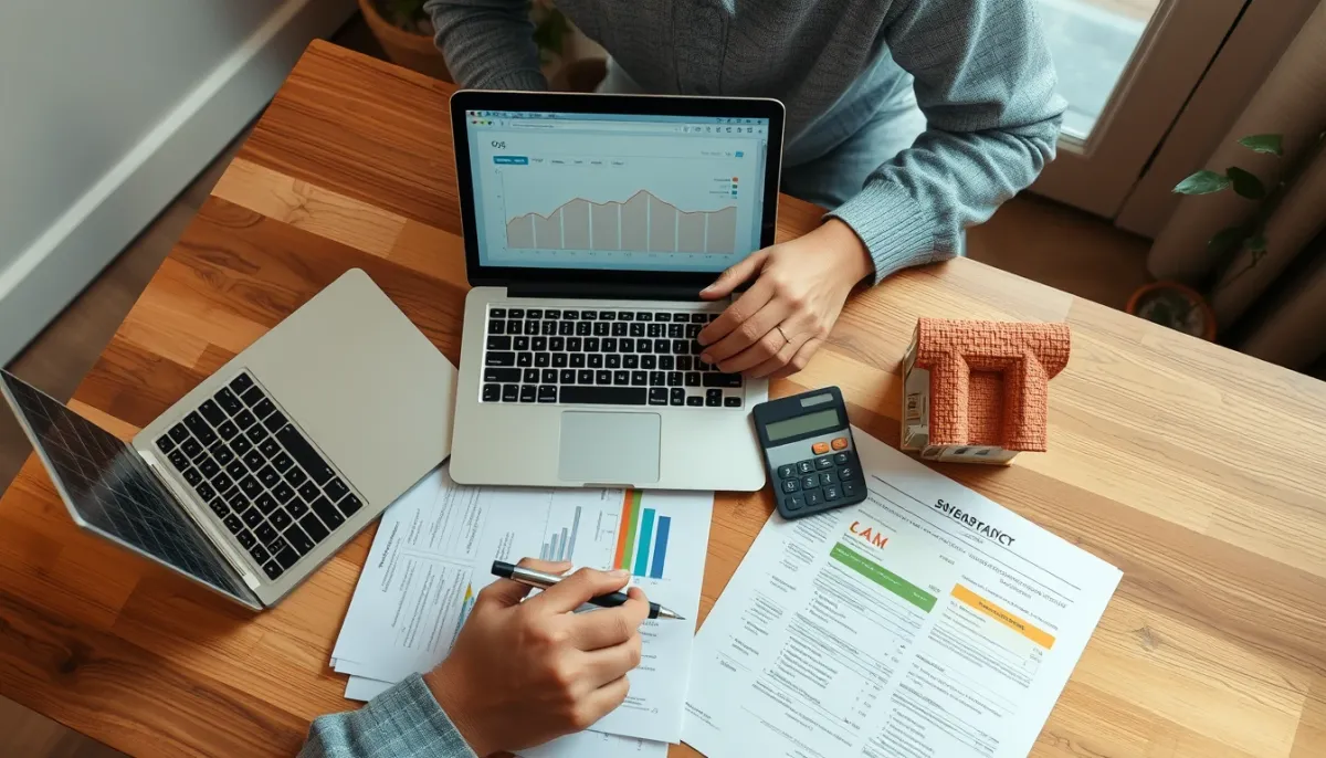 Vue de dessus d'un bureau avec documents, calculatrice et maquette de maison solaire pour estimer le reste à charge
