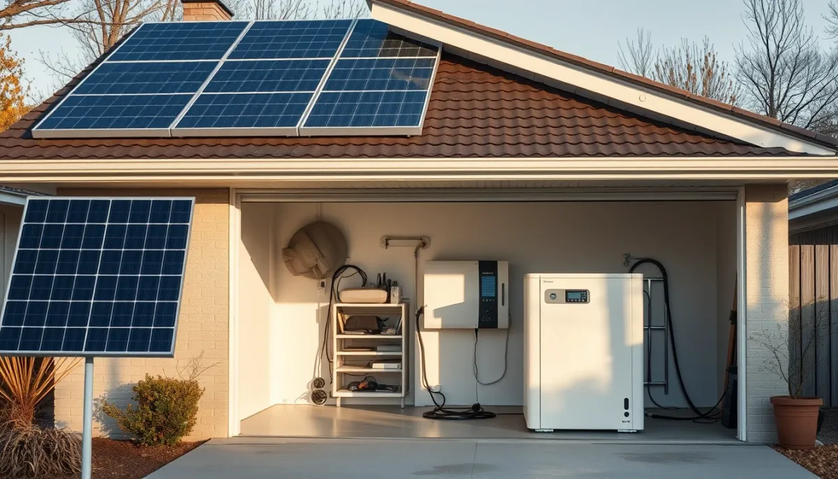 Maison équipée de panneaux solaires et d'une batterie de stockage dans le garage