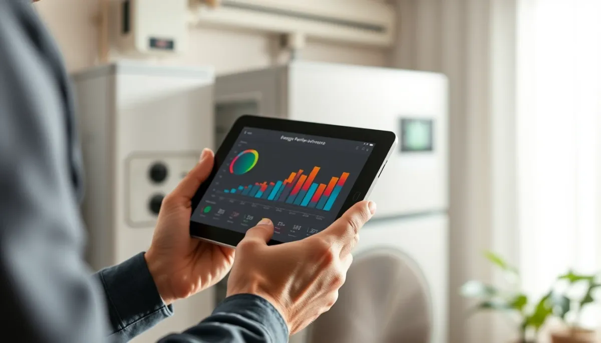 Technicien vérifiant les performances énergétiques d'une pompe à chaleur air/air sur tablette