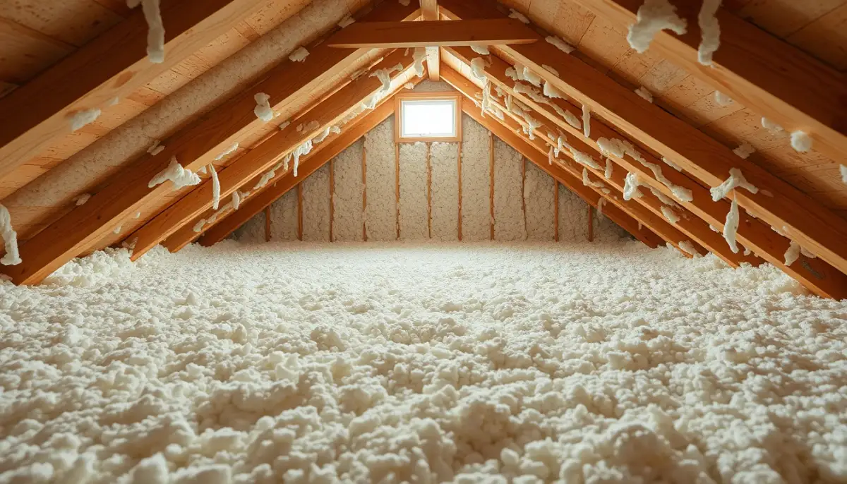 Combles perdus après isolation par soufflage : couche uniforme de ouate de cellulose recouvrant le plancher